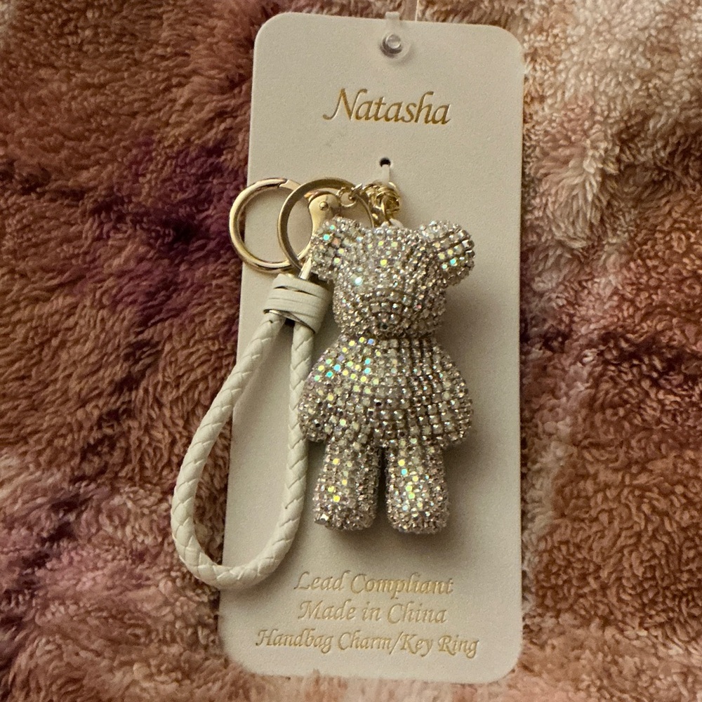 Keychain/Bag Charm Natasha Couture Iridescent Crystal Bear with White Strap
